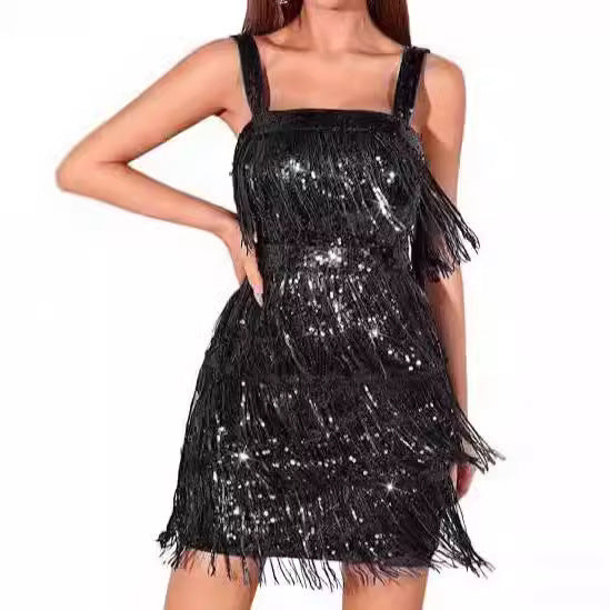 Damen Fransen-Minikleid mit glitzerndem Paillettenbesatz und schulterfreiem Design Drune