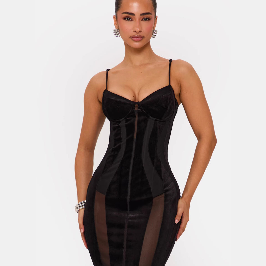 Damen Bodycon Kleid mit raffiniertem Korsett-Oberteil und transparenten Einsätzen Drune