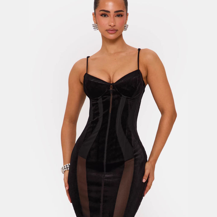 Damen Bodycon Kleid mit raffiniertem Korsett-Oberteil und transparenten Einsätzen Drune