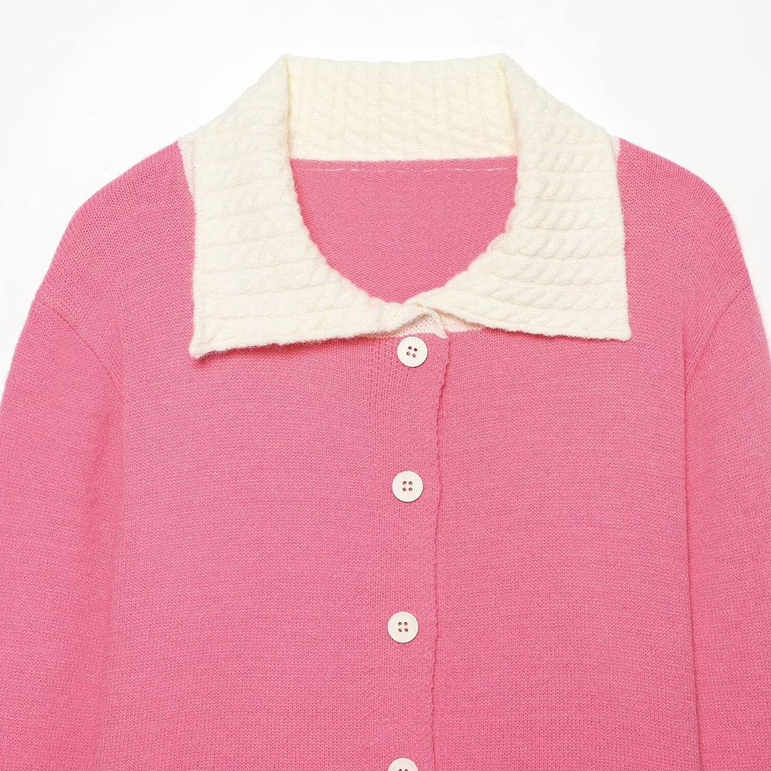 Damen Feinstrick-Cardigan mit großem Strukturkragen und Kontrastbündchen Drune