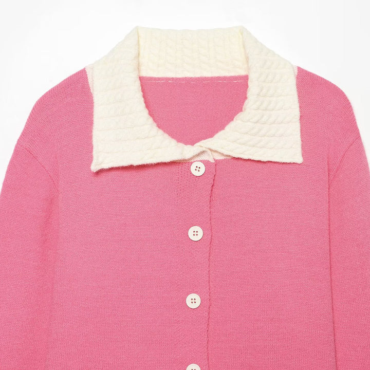 Damen Feinstrick-Cardigan mit großem Strukturkragen und Kontrastbündchen Drune