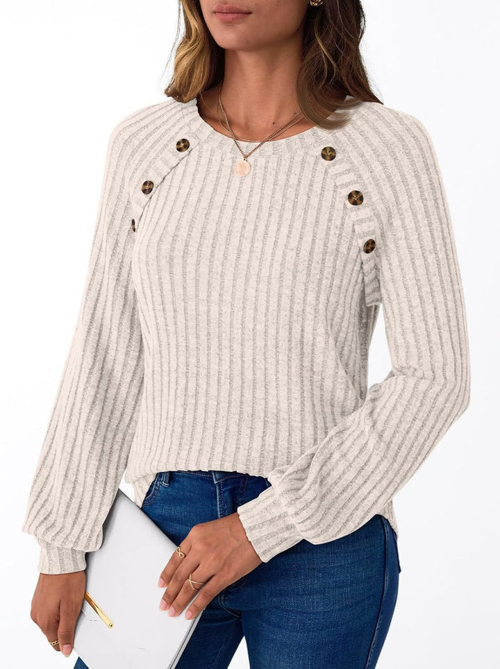 Damen Gerippter Strickpullover mit Zierknopfleiste an Raglanärmeln Drune