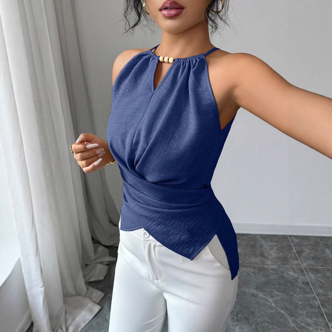 Damen Ärmelloses Twist-Halstops mit Holzperlen und asymmetrischem Saum Drune