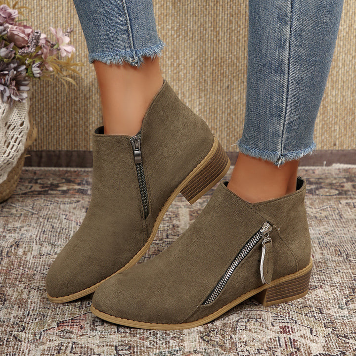 Damen Moderne Kurzschaft-Stiefelette mit sichtbarem Metallreißverschluss und niedriger Holzoptik-Blocksohle Drune
