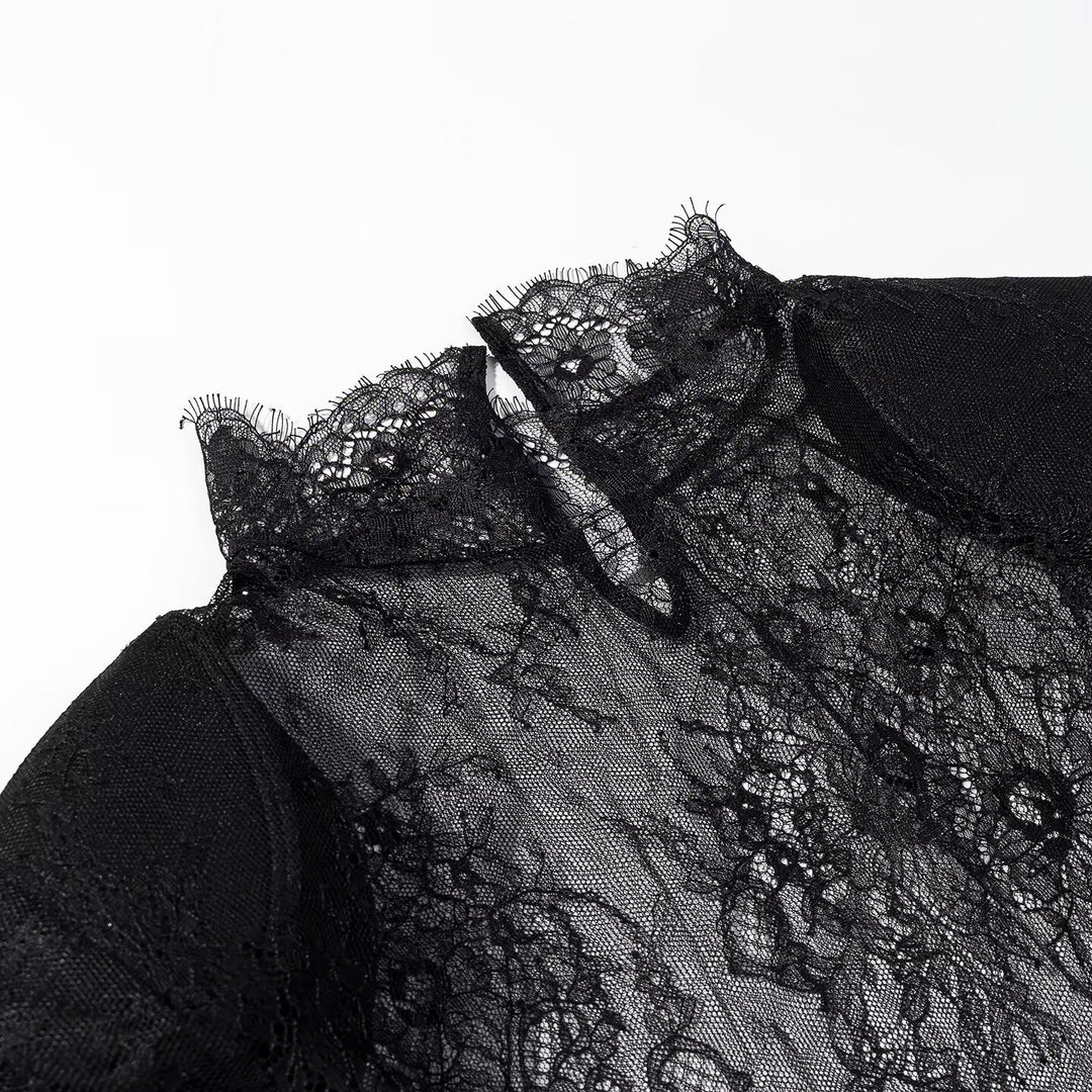 Damen transparente Spitzenbluse mit Stehkragen, Trompetenärmeln und Spitzensaum Drune