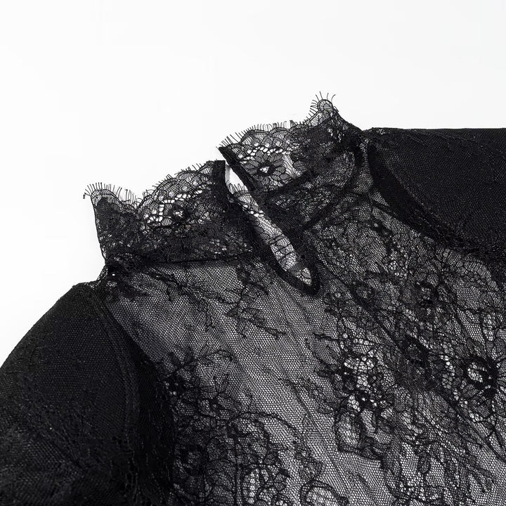 Damen transparente Spitzenbluse mit Stehkragen, Trompetenärmeln und Spitzensaum Drune