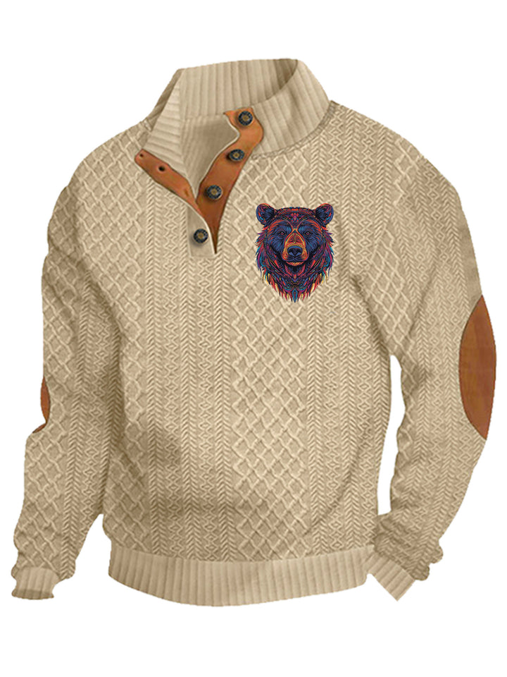 Herren nan Heritage-Strukturpullover mit Stehkragen Lederimitat-Besatz Ellenbogen-Patches und Halbknopfleiste Drune