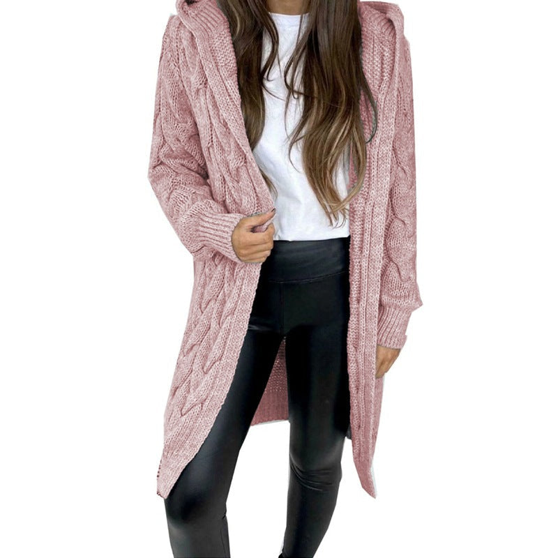 Damen lange Strickjacke mit Kapuze und Zopfdesign Drune