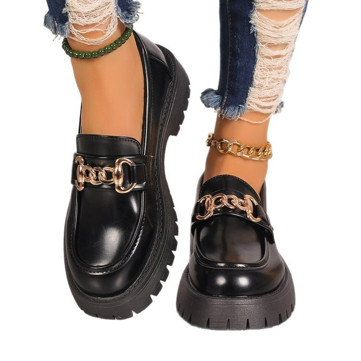 Damen klobige Loafer im Leder-Look mit profiliertem Plateau und Gliederketten-Applikation Drune