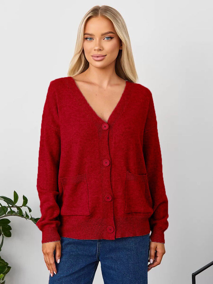 Damen Grobstrick-Cardigan mit tiefem V-Ausschnitt und praktischen Taschen Drune