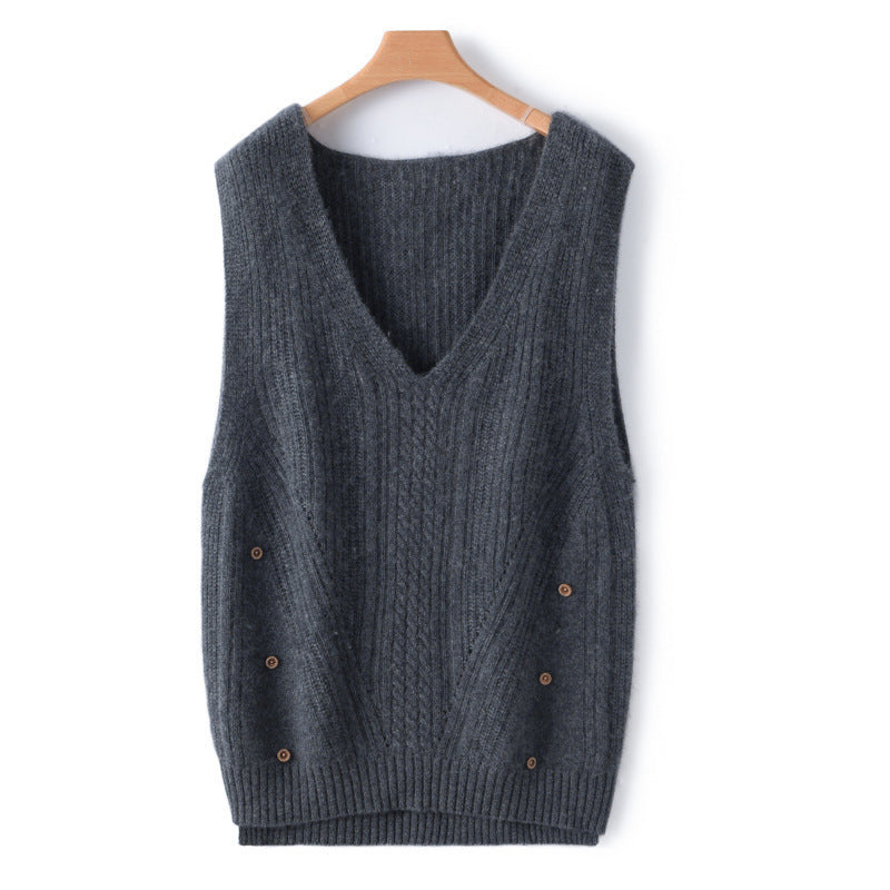 Damen Strick-Longweste mit V-Ausschnitt, Zopfmuster und seitlicher Knopfleiste Drune