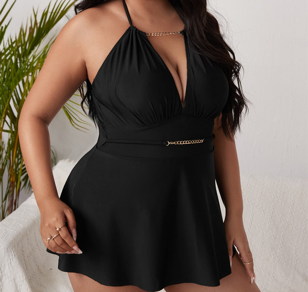 Damen Strandkleid mit tiefem V-Ausschnitt und dekorativem Ketten-Detail Drune