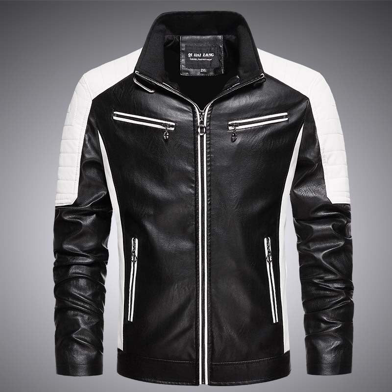 Herren Biker-Lederimitatjacke im Racing-Stil mit Stehkragen und Reißverschlusstaschen Drune