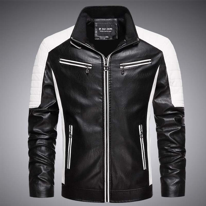 Herren Biker-Lederimitatjacke im Racing-Stil mit Stehkragen und Reißverschlusstaschen Drune