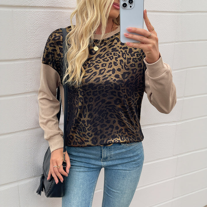 Damen Leichter Glänzender Leo-Strickpullover mit Kontrast-Rippärmeln Drune