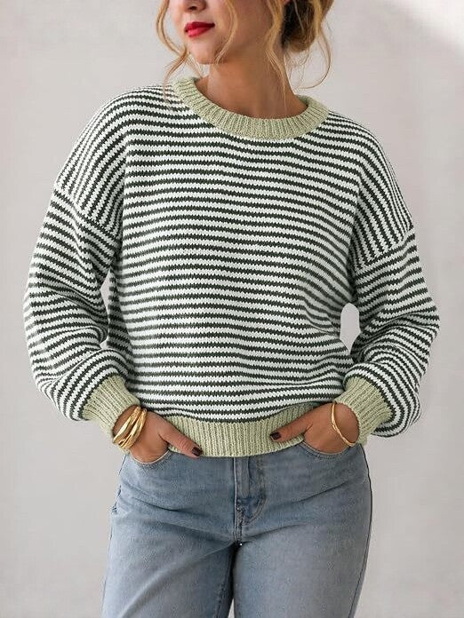 Damen Gestreifter Rippstrick-Pullover mit Kontrast-Bündchen Drune