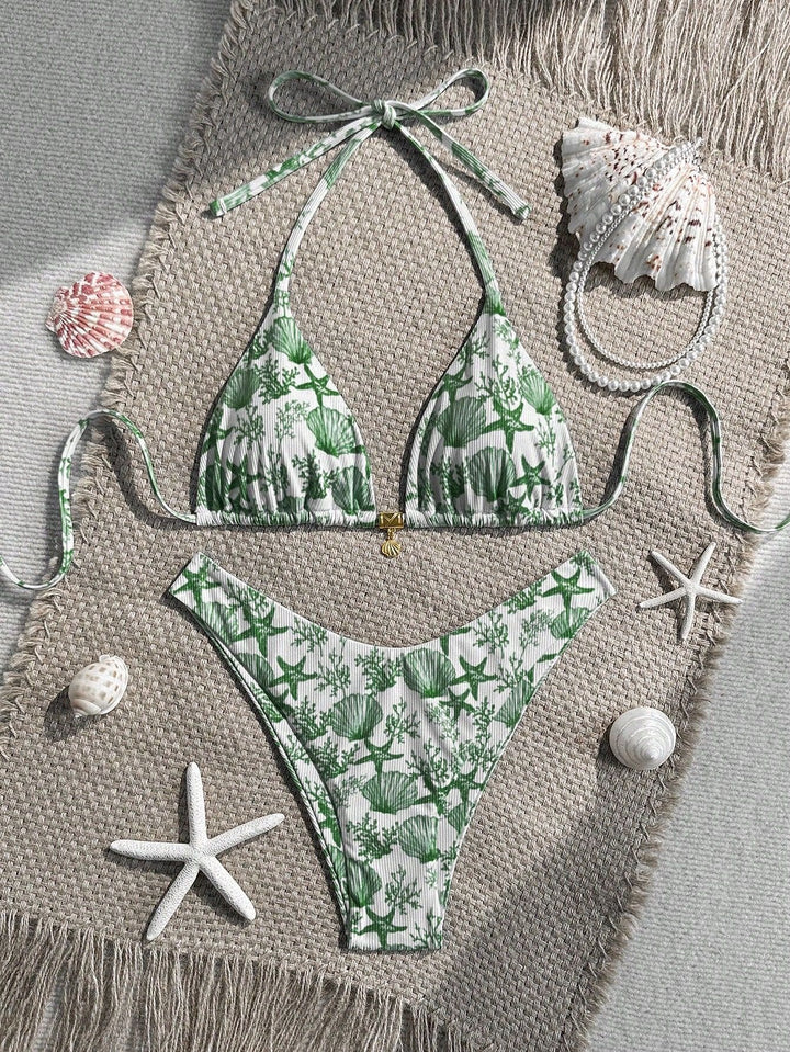 Damen Triangel-Bikini mit maritimem Korallenmuster Drune