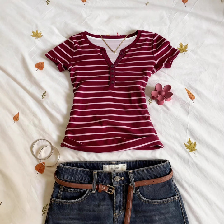 Damen Kurzarmshirt mit Knopfleiste Drune