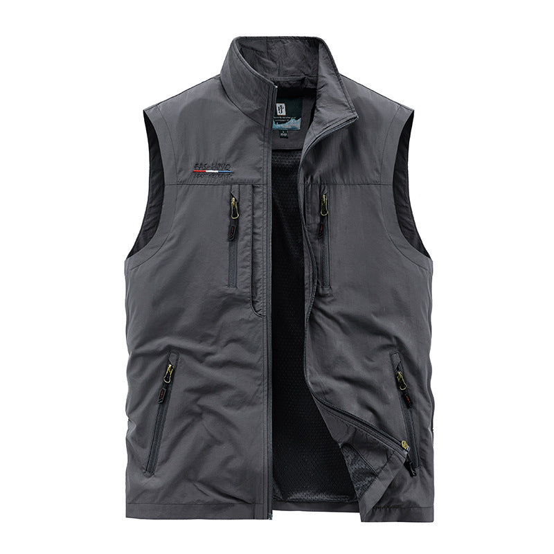 Herren nan multifunktionale Outdoorweste mit Mesh-Innenfutter, mehreren Reißverschlusstaschen und hohem Stehkragen Drune