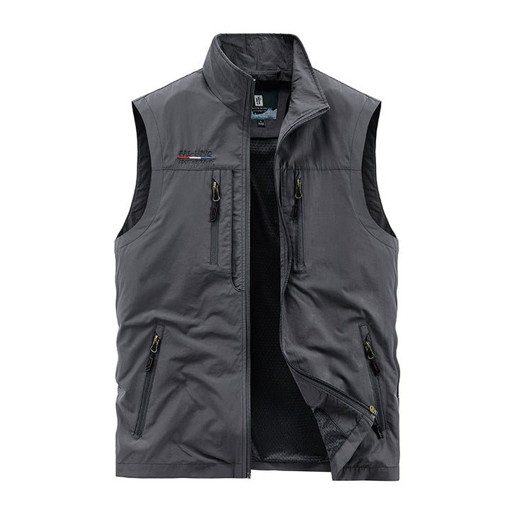 Herren nan multifunktionale Outdoorweste mit Mesh-Innenfutter, mehreren Reißverschlusstaschen und hohem Stehkragen Drune