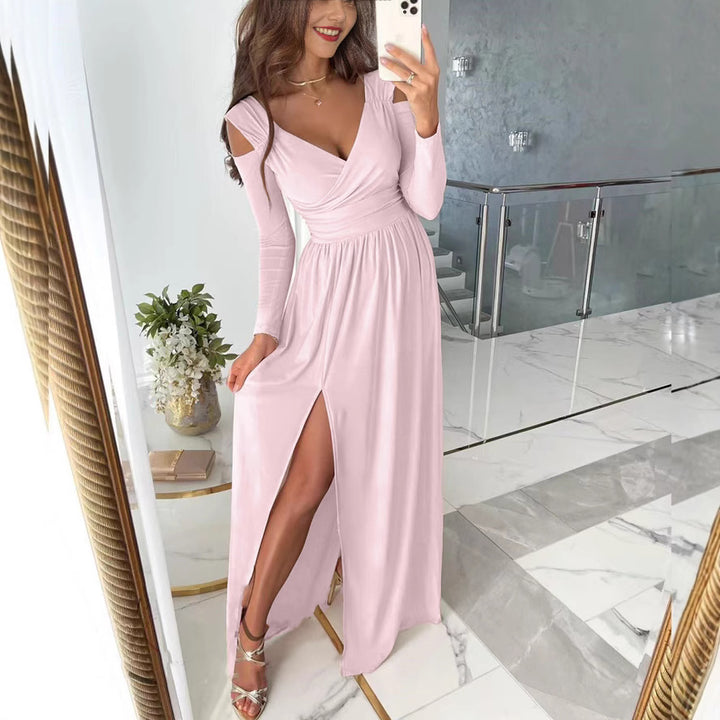 Damen elegantes Maxikleid mit schulterfreier Detailgestaltung und hohem Schlitz Drune