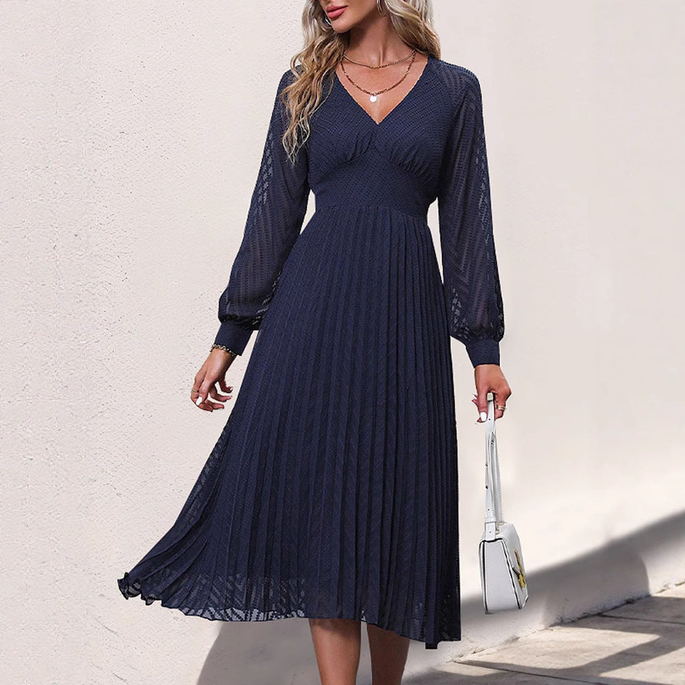 Damen Plissiertes Midikleid mit V-Ausschnitt, taillierter Passform & transparenten Ballonärmeln Drune