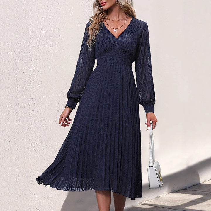 Damen Plissiertes Midikleid mit V-Ausschnitt, taillierter Passform & transparenten Ballonärmeln Drune