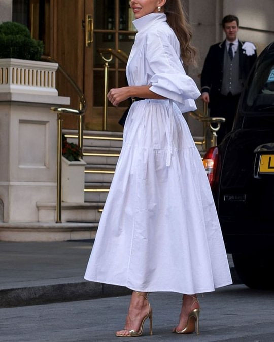 Damen Maxikleid mit hochgeschlossenem Kragen und voluminösen Ärmeln Drune