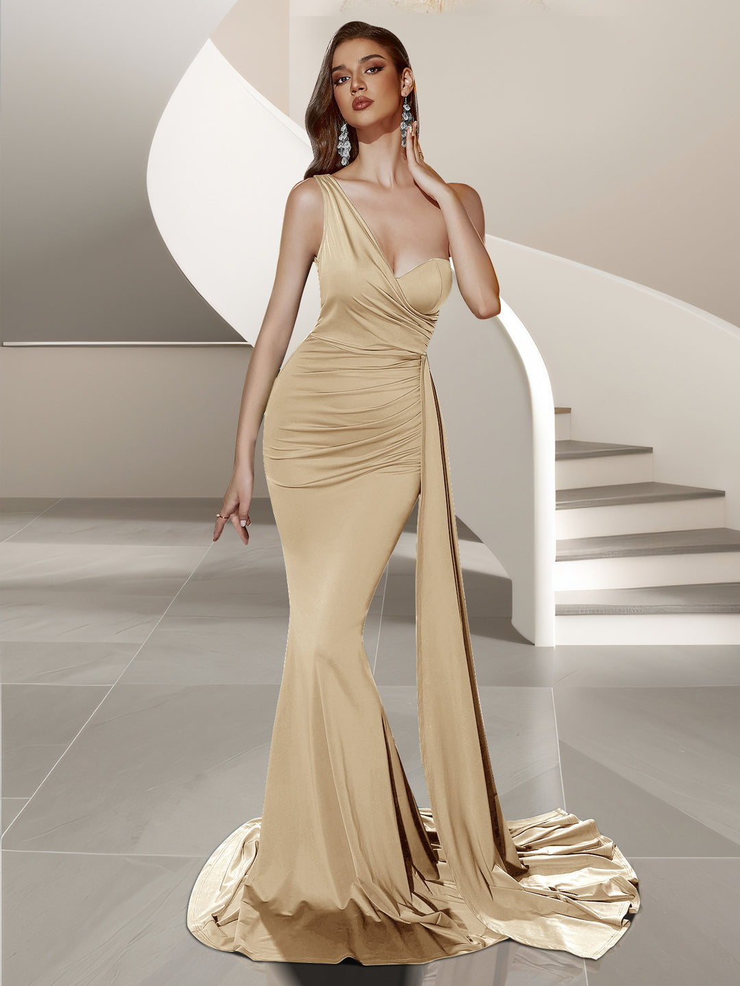 Damen Formales Abendkleid mit asymmetrischem Design und fließendem Stoff Drune