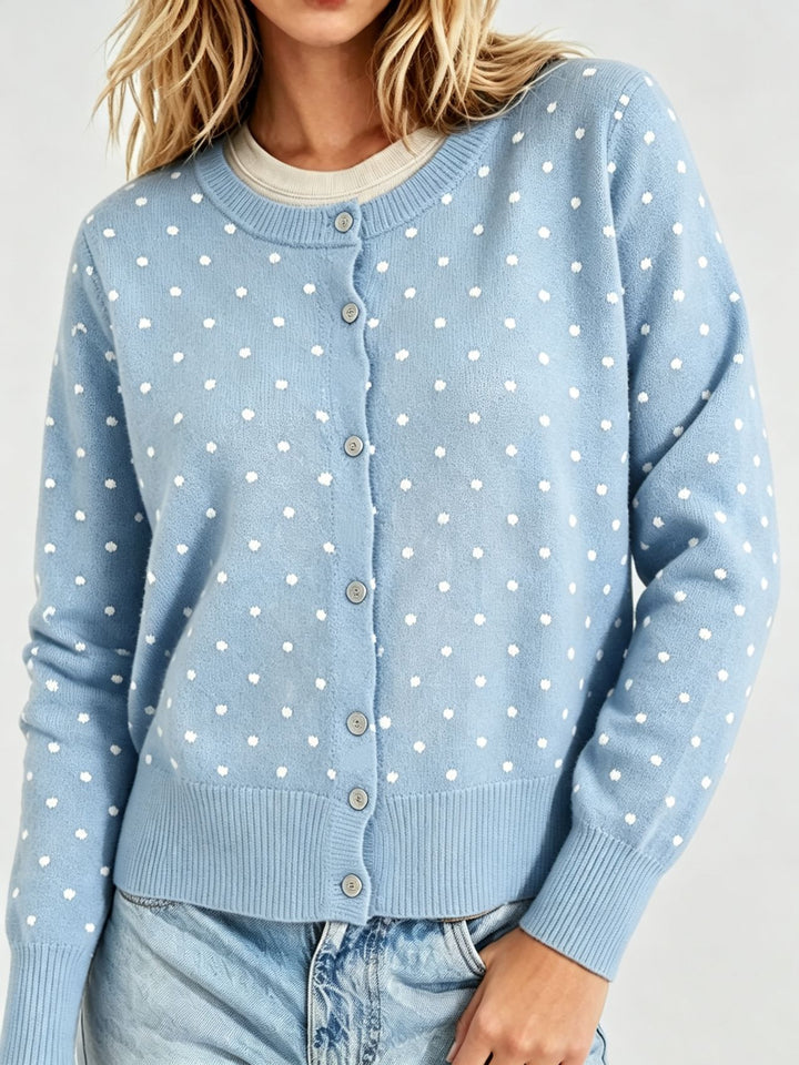 Damen Gepunktete Feinstrick-Cardigan mit Rundhals und Rippbündchen Drune