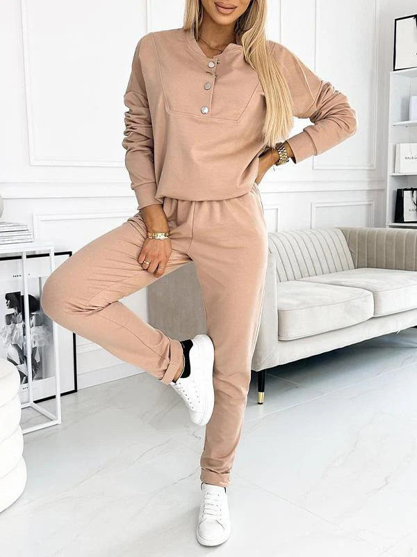 Damen Bequemes Freizeitanzug Set mit Knopfdetails Drune