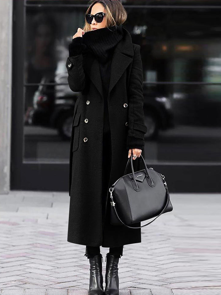 Damen Doppelreihiger Wollmix-Maximantel mit breitem Revers und Pattentaschen Drune