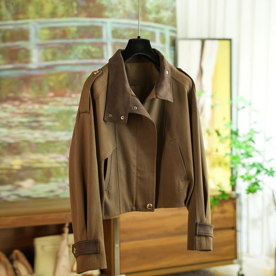 Damen Modische und elegante Kurzjacke mit samtigem Kragen Drune