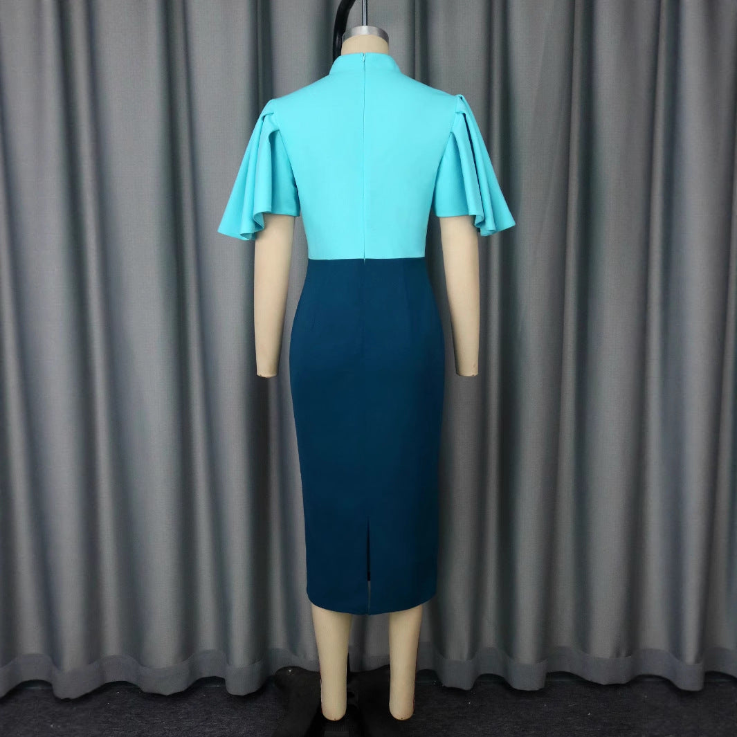 Damen figurbetontes Kleid mit eleganter Stehkragen und kunstvollen Puffärmeln Drune