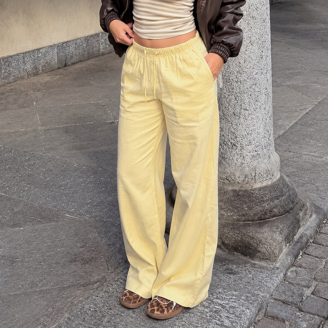 Damen Leinen-Loungehose mit weitem Bein, Tunnelzug und Seitentaschen Drune