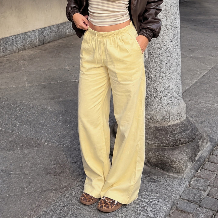 Damen Leinen-Loungehose mit weitem Bein, Tunnelzug und Seitentaschen Drune