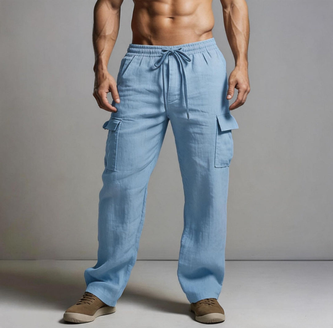 Herren leichte Leinen Cargohose mit elastischem Bund und großen Seitentaschen Drune