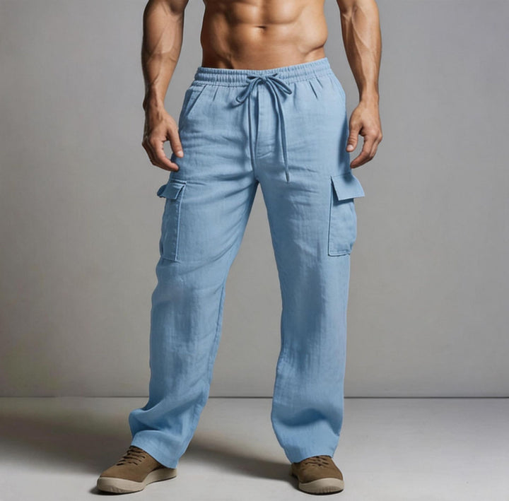 Herren leichte Leinen Cargohose mit elastischem Bund und großen Seitentaschen Drune