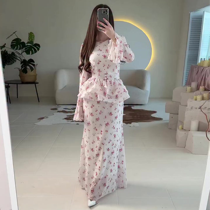 Damen Maxikleid mit voluminösem Peplum und floralen Akzenten Drune