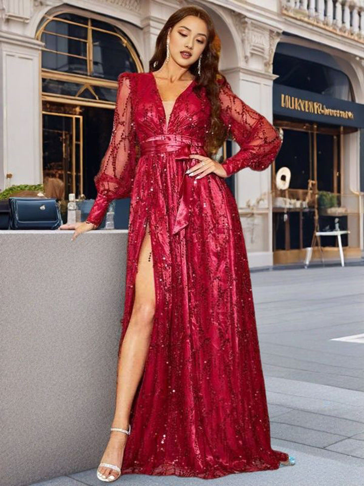 Damen Glamouröses Abendkleid mit schimmernden Pailletten und tiefem Schlitz Drune