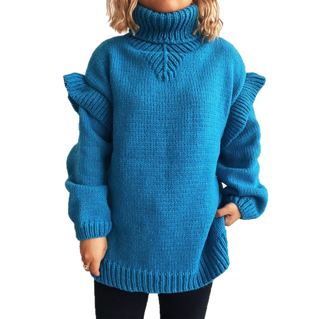 Damen kuscheliger Strickpullover mit Rüschenärmeln und hohem Kragen Drune