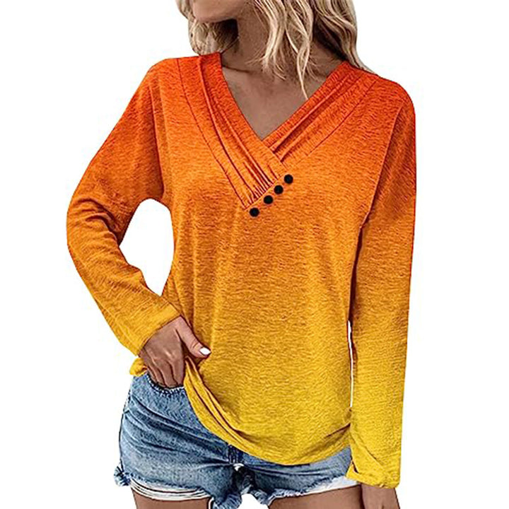 Damen Gerippter V-Ausschnitt Pullover mit Farbverlauf, Zierknöpfen und legerer Passform Drune
