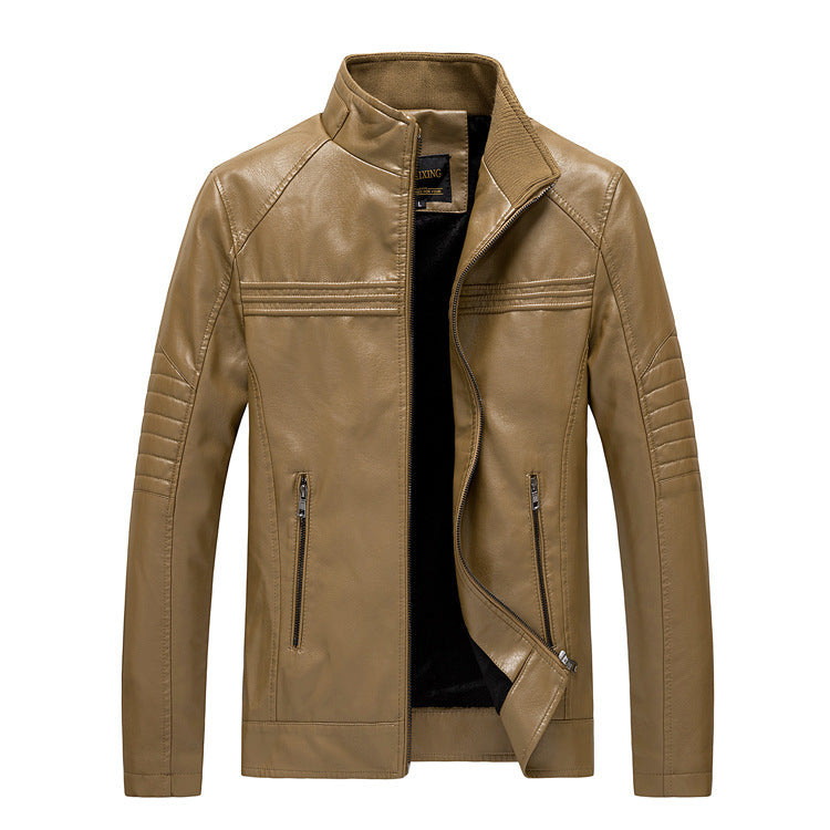Herren Slim-Fit Kunstleder-Motojacke mit Stehkragen und gesteppter Ärmelpasse Drune