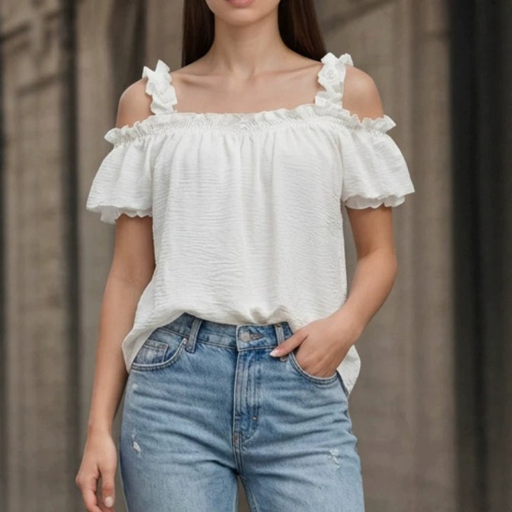 Damen Schulterfreies Crinkle-Top mit Smok-Bandeau, Rüschen‑Trägern und Flügelärmeln Drune