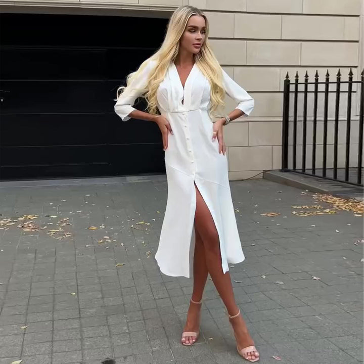 Damen Hemdblusenkleid mit elegantem V-Ausschnitt und Knopfleiste Drune