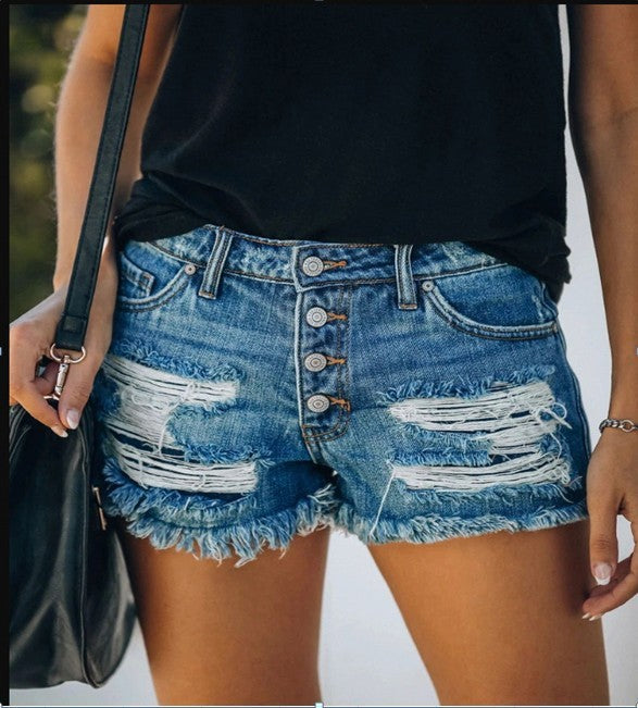 Damen lässige Destroyed Denim-Shorts mit Knopfdetails und fransigem Saum Drune