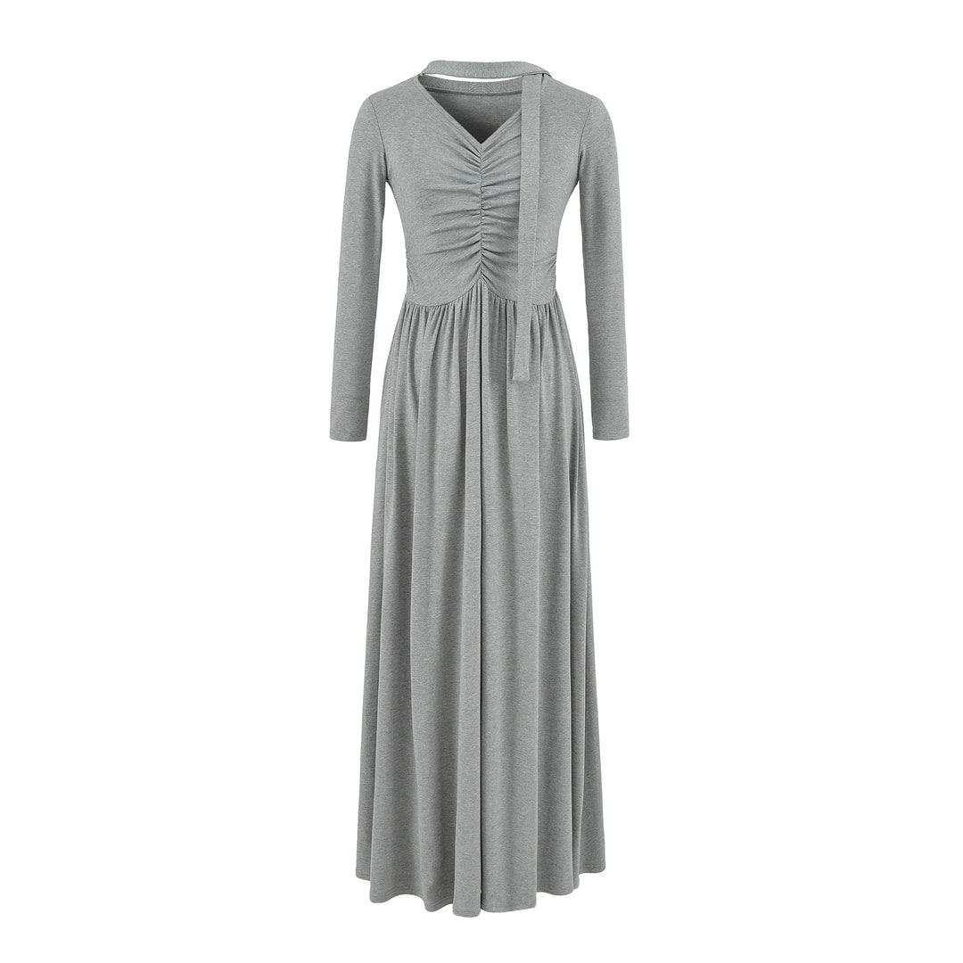 Damen Langes Jersey-Maxikleid mit Raffung, V-Ausschnitt und Bindeschal Drune