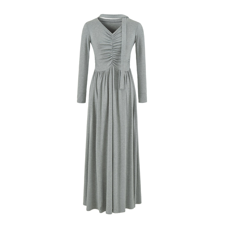 Damen Langes Jersey-Maxikleid mit Raffung, V-Ausschnitt und Bindeschal Drune