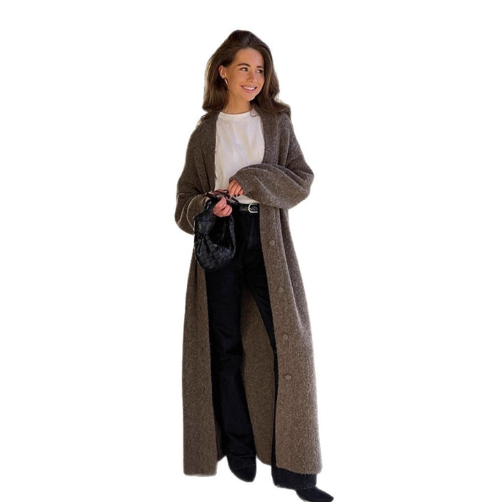 Damen Maxilanger Strickmantel in Mohairoptik mit verdeckter Knopfleiste und weiter Silhouette Drune