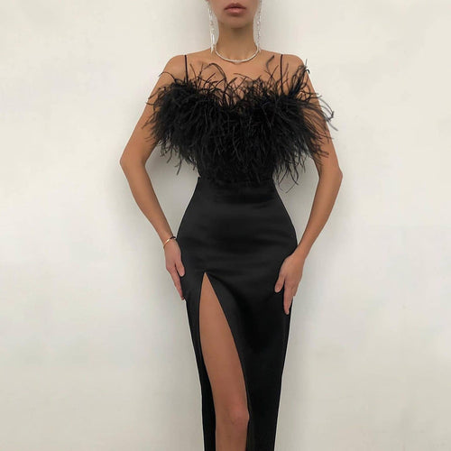 Damen Abendkleid mit feiner Federapplikation Drune